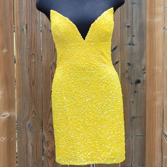 Ashley Lauren Yellow Sequin Strapless Dress Size 0 - Picture 4 of 17